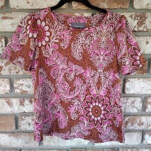 Anthropologie Pink & Bronze Metallic Floral Jacquard Sweater Knit Top Sz S Party
